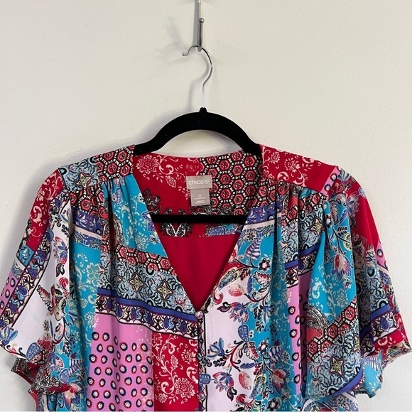 Chicos Patchwork Peplum Flutter Sleeve Top - Picture 5 of 13
